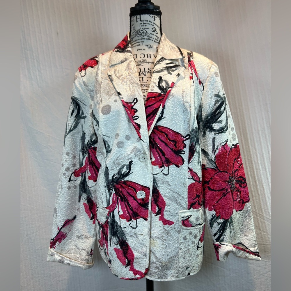Chico's Sz 3 XL Floral Beaded silk Blend Blazer Jacket White & Pink Floral